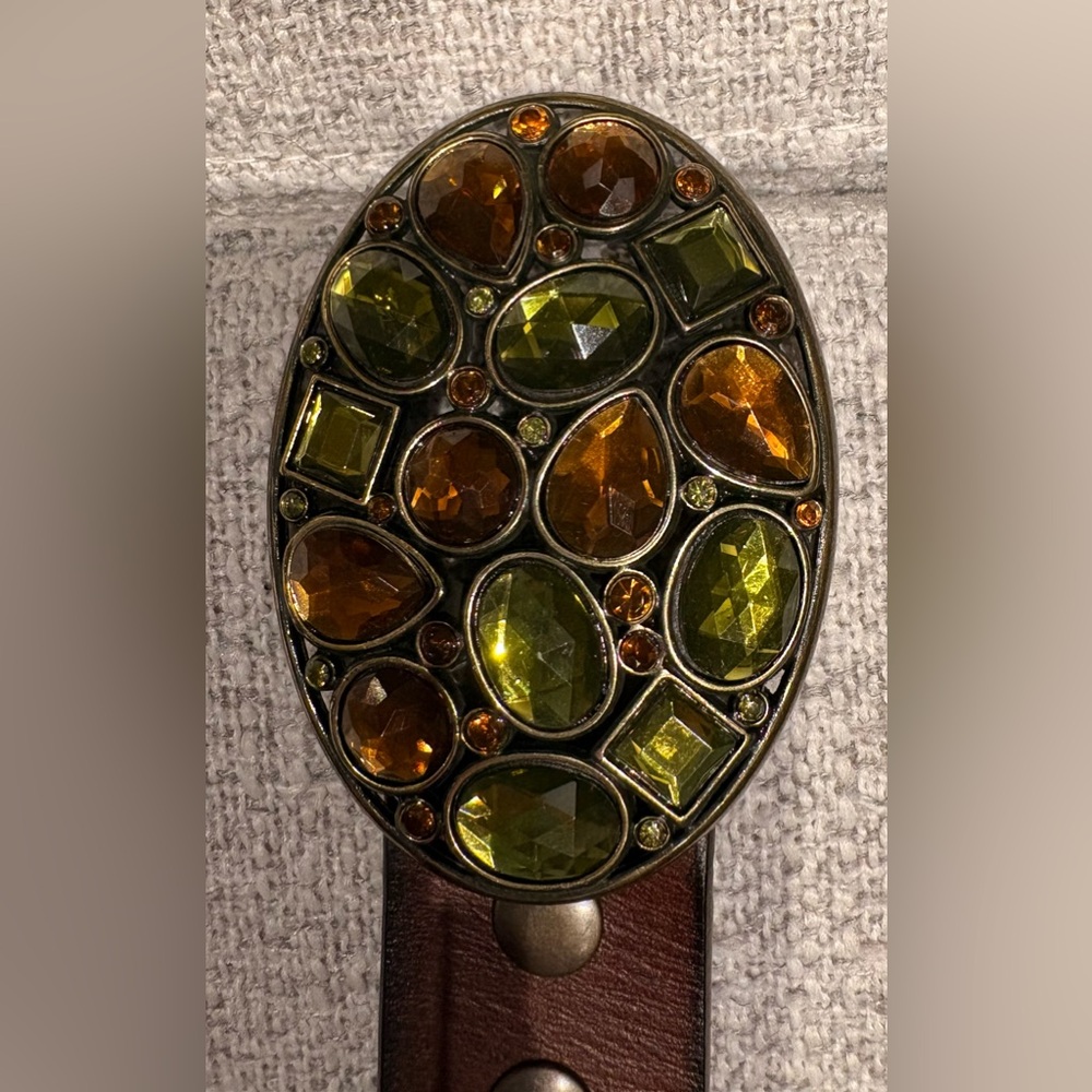 Nine West Brown Leather Belt with Olive Green and Amber Jewel Buckle
